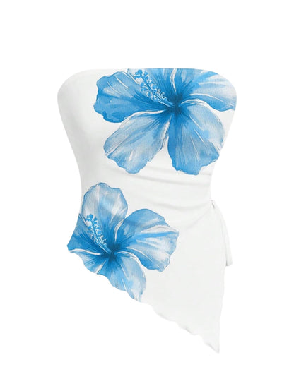 WDIRARA Women's Floral Mesh Strapless Side Ruched Tube Top Asymmetrical Hem Bandeau Crop Tops