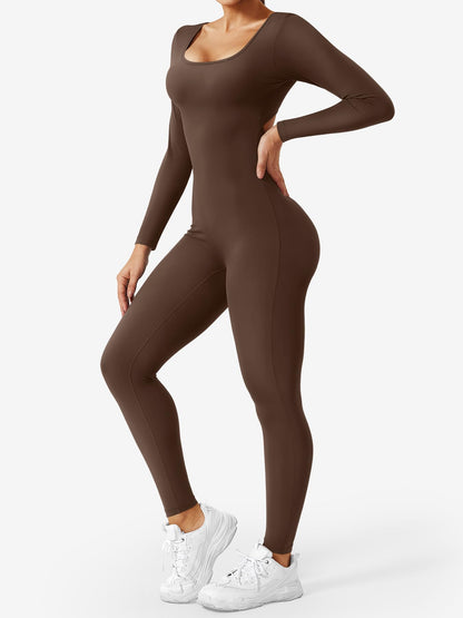 YEOREO Long Sleeve Jumpsuits for Women V Back Bodysuit Workout Full Length Bodycon Scrunch Leggings One Piece Romper