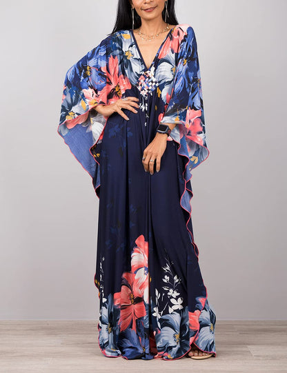 Bsubseach Women Ethnic Print Kaftan Beach Dress Plus Size Swimsuit Cover Up