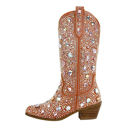 Richealnana Sparkly Rhinestones Cowboy Cowgirl Style Boots Calf High Boots for Women 2INCH Heeled Shining Pull On Tabs