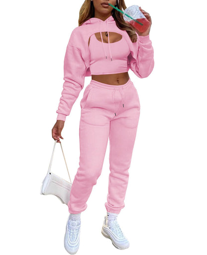 Adogirl Women 3 Piece Outfits Tracksuits Set Sexy Long Sleeve Pullover Hoodie Tank Crop Tops Jogger Sweatpants Sweatsuits