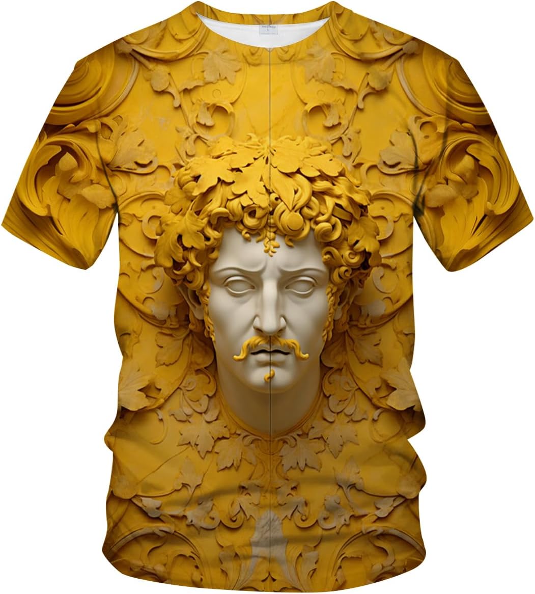LAOLIUSN Men's Gold Shiny Printed T-Shirt - Golden Ornate Theme, Floral Graphic Tee Shirt