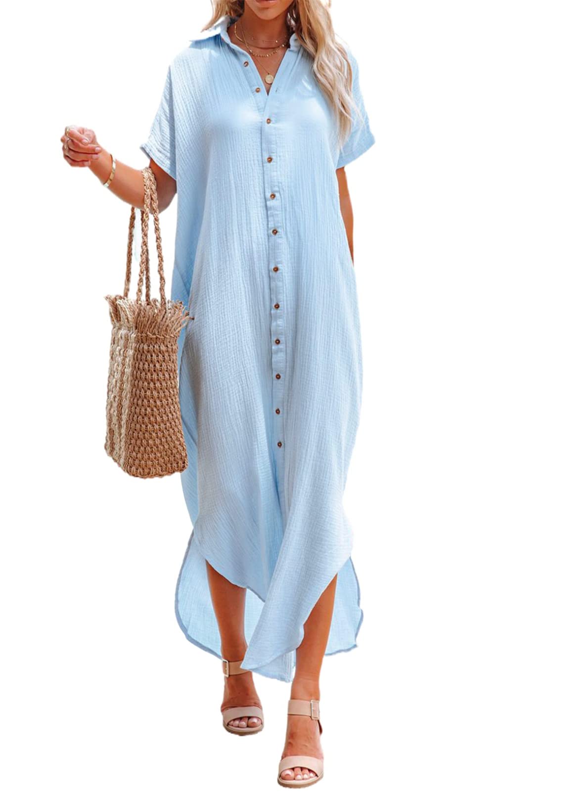 Dokotoo Womens Casual Short Sleeve Side Split Button Down Long Kimonos Cardigans Swimsuit Cover Ups Summer Beach Dress