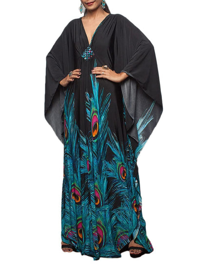 Bsubseach Women Ethnic Print Kaftan Beach Dress Plus Size Swimsuit Cover Up