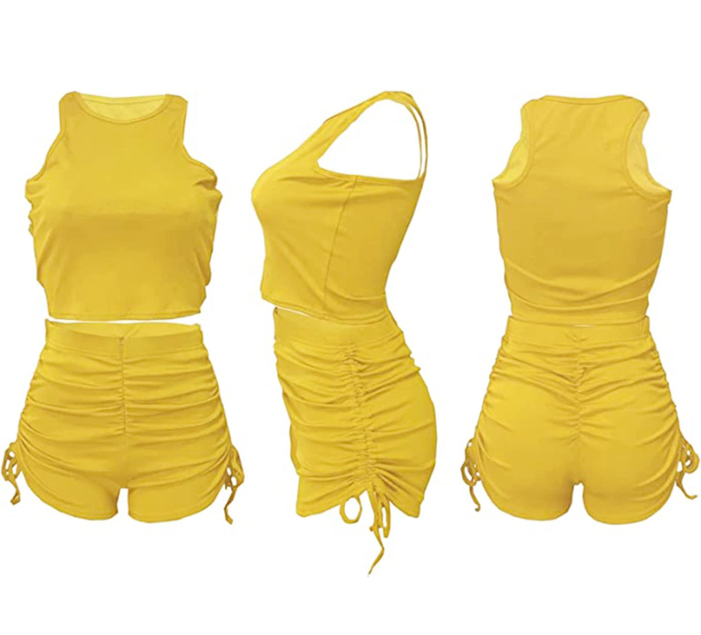 PYAEAS Summer Two Piece Outfits for Women, Casual Stretchy Ribbed Tank Crop Top Ruched Shorts Set Workout Tracksuits