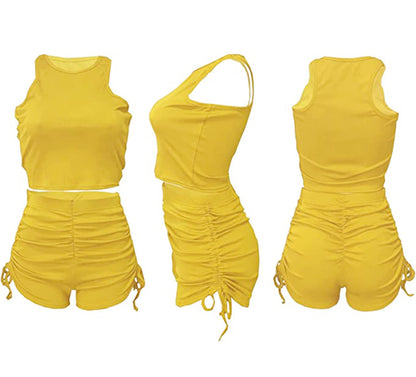 PYAEAS Summer Two Piece Outfits for Women, Casual Stretchy Ribbed Tank Crop Top Ruched Shorts Set Workout Tracksuits