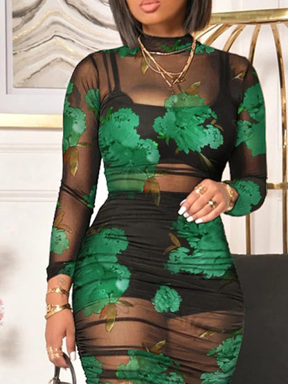 Women Sexy See Through Mesh Long Sleeve Ruched Midi Dresses Crop Top Bodycon Skirt 3 Piece Outfits Set Clubwear