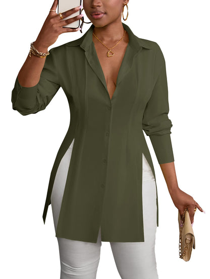 LYANER Women's Button Down Shirt Dress Collar V Neck Long Sleeve Slit Sexy Shirt Dresses