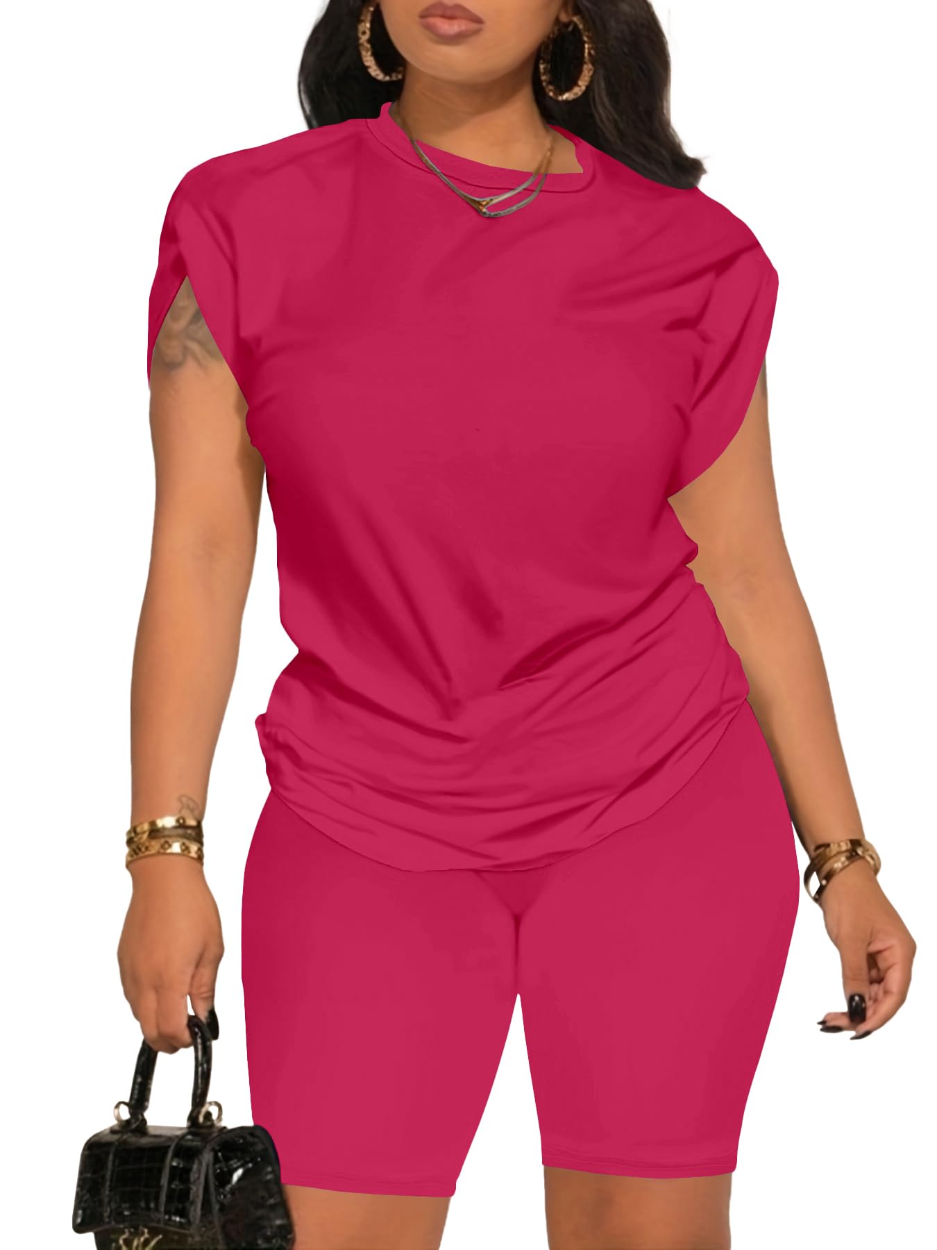 PINSV Women 2 Piece Outfits Summer Sweatsuits Biker Short Workout Jogger Sets