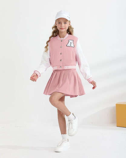 Girls 2 Piece Outfits Skirt Set Button up Jacket Sweatshirt and Pleated Mini Skirts Fall Winter Clothes Size 7-14Y