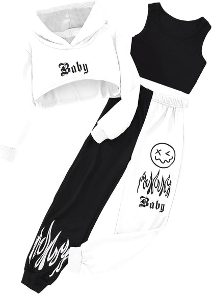 Hilinker Girls Graphic 3 Piece Outfits Workout Crop Hoodie Ribbed Tank and Sweatpants Set