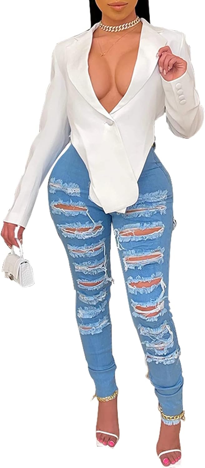 Women's Skinny Ripped Jeans Stretch Destroyed Mid High Waist Denim Pants