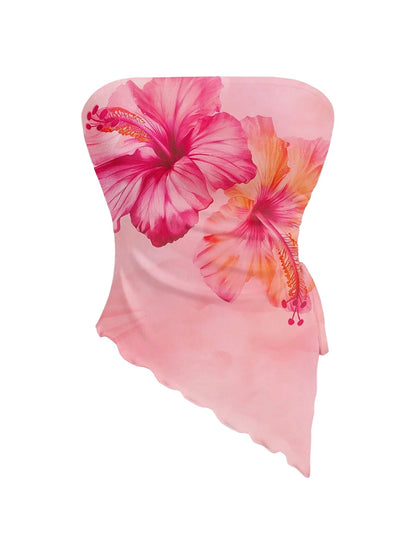 WDIRARA Women's Floral Mesh Strapless Side Ruched Tube Top Asymmetrical Hem Bandeau Crop Tops