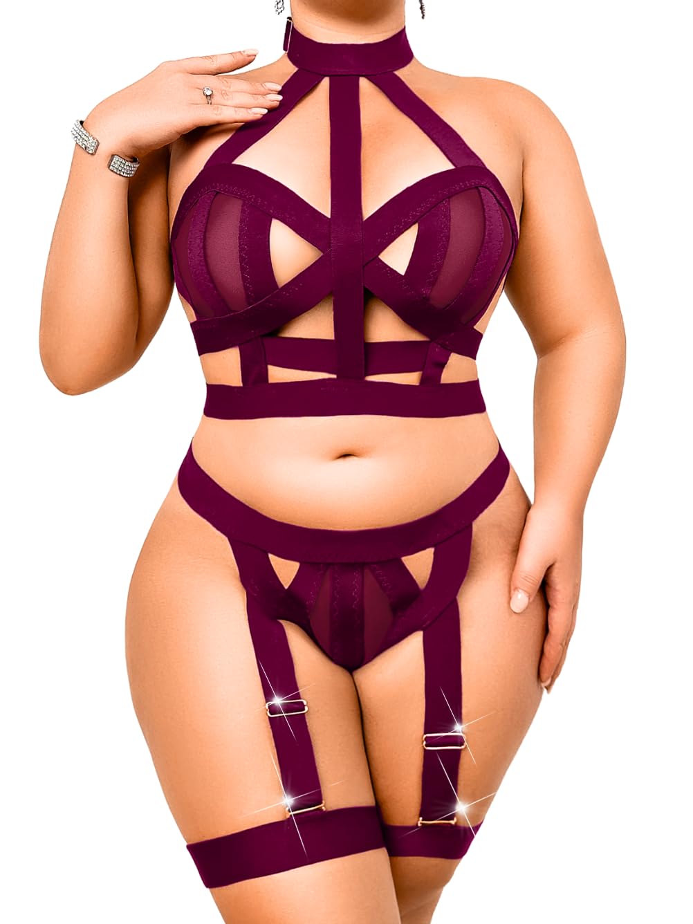 Curvy Lady's Strappy Lingerie For Women, Plus Size Exotic Garter Thong, BBW Halter Gifts For Him 3 Piece Set