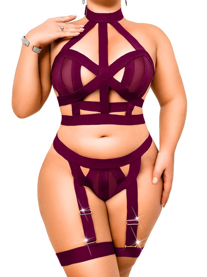 Curvy Lady's Strappy Lingerie For Women, Plus Size Exotic Garter Thong, BBW Halter Gifts For Him 3 Piece Set