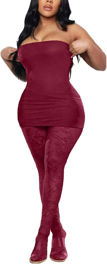 Kafiloe Sexy 3 Piece Outfits for Women Clubwear Lace Tube Mini Dress Top with Stockings Set Birthday Outfits