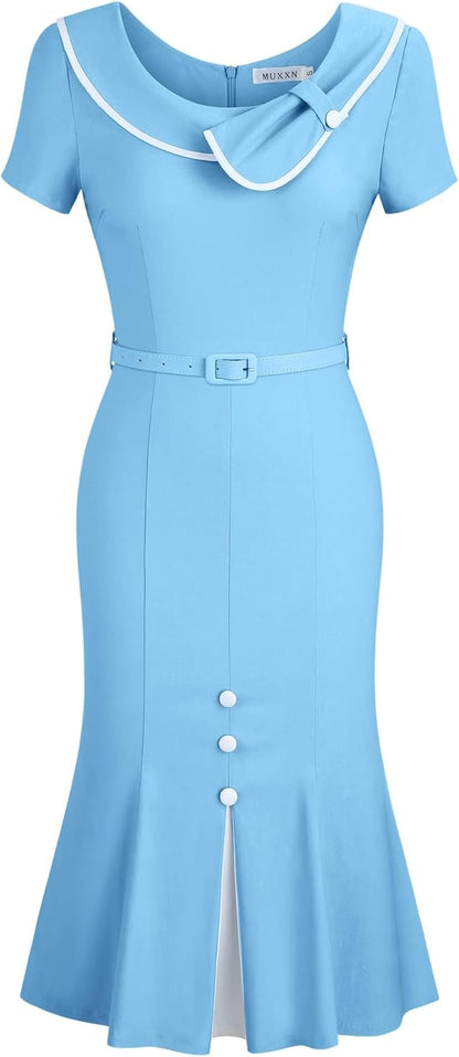 MUXXN Women's Retro 60s Sailor Collar Short Sleeve Pinup Cocktail Work Mermaid Dress with Belt