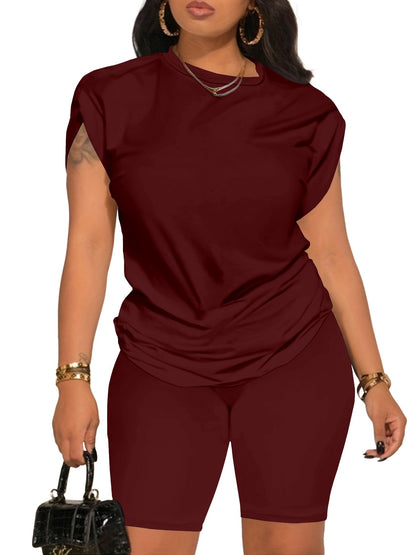 PINSV Women 2 Piece Outfits Summer Sweatsuits Biker Short Workout Jogger Sets