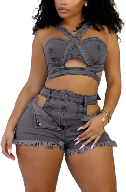 Womens Sexy Denim 2 Piece Outfit Stretchy Crop Tank Top Bodycon Shorts Set Hollow Out Jean Vest Club Tracksuit Summer