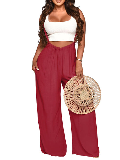 Nimsruc Womens Jumpsuit Casual Loose Sleeveless Adjustable Spaghetti Straps Wide Leg Pants Baggy Overalls With Pockets