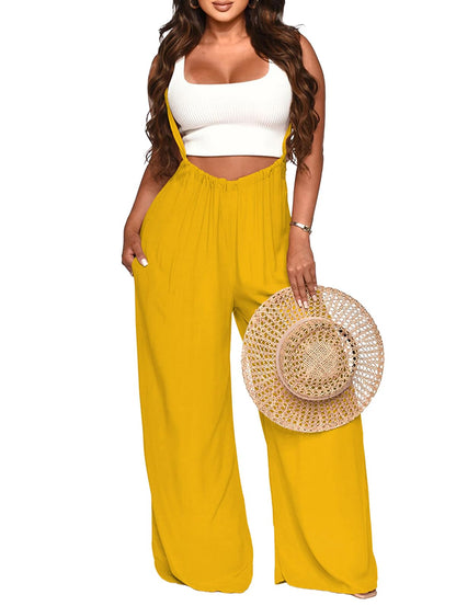 Nimsruc Womens Jumpsuit Casual Loose Sleeveless Adjustable Spaghetti Straps Wide Leg Pants Baggy Overalls With Pockets