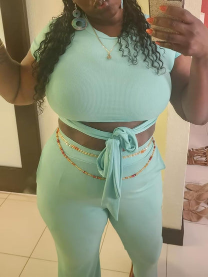 EDITCOZY Women 2 Piece Outfits Sexy Tie Front Crop Top Wide Leg Pants Sets Casual Summer Ribbed Two Piece Set
