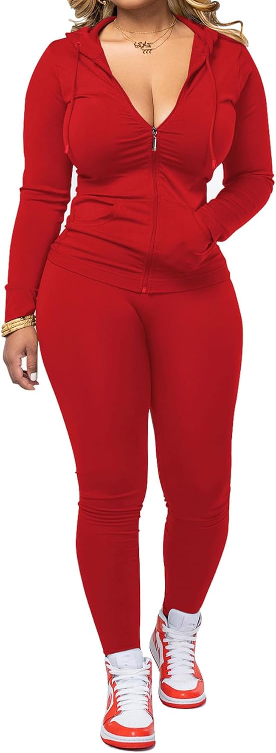 PINSV Women Two Piece Outfits Workout Sets Bodycon Tracksuit Long Sleeve Zip Up Hoodie Jacket Jogger Matching Sweat Pants Set