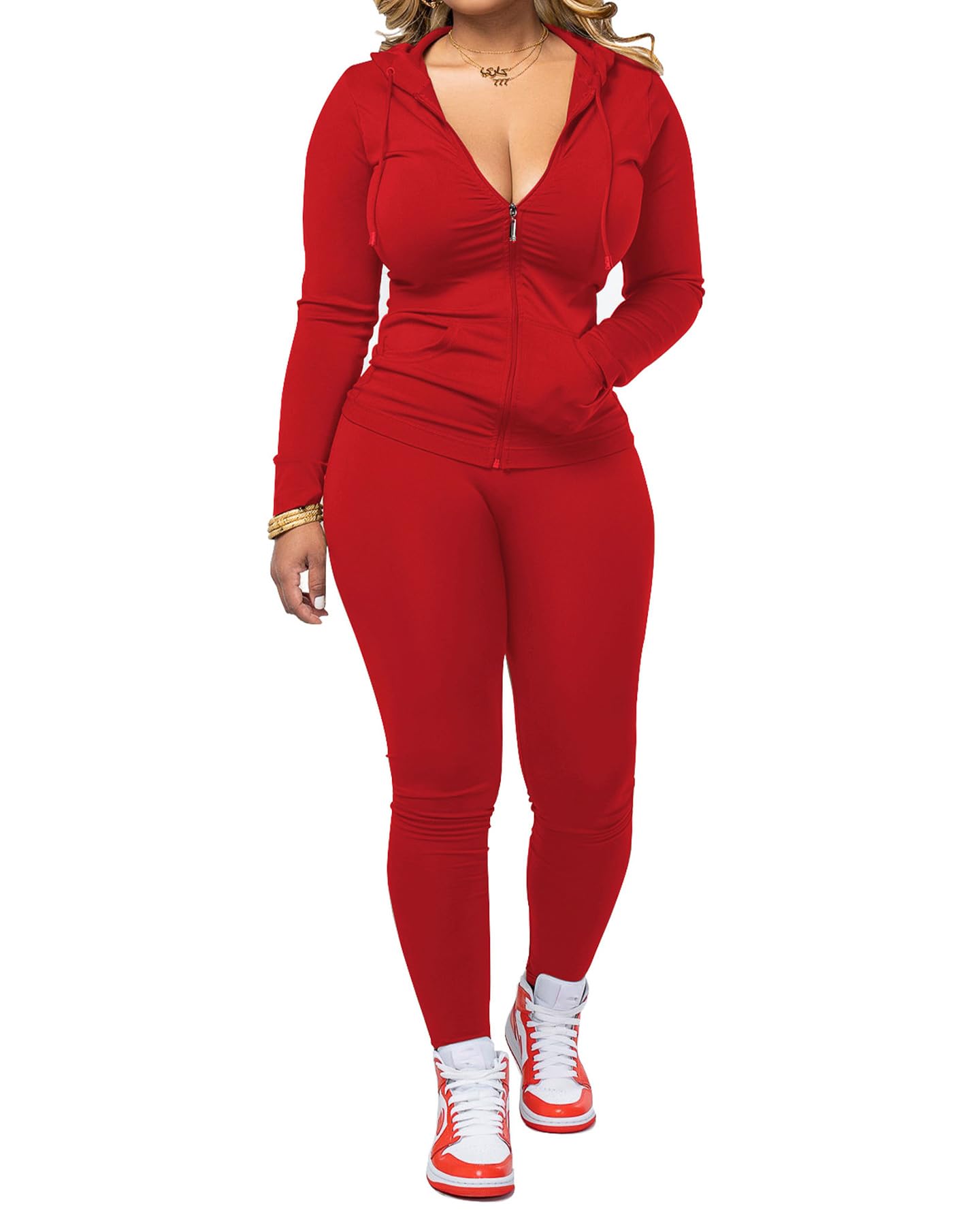 PINSV Women Two Piece Outfits Workout Sets Bodycon Tracksuit Long Sleeve Zip Up Hoodie Jacket Jogger Matching Sweat Pants Set