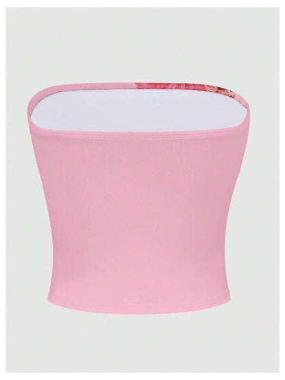 WDIRARA Women's Floral Print Strapless Crop Tube Tops Slim Fit Summer Causal Bandeau Top