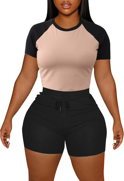 LovelyWholesale Women's Summer 2 Piece Outfits Skinny Shorts Tracksuit Sets