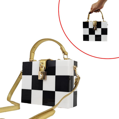 Black White Checkerboard Acrylic Clutch Purse Bag Women Box Evening Bags Acrylic Chain Crossbody Handbag(Stitching)