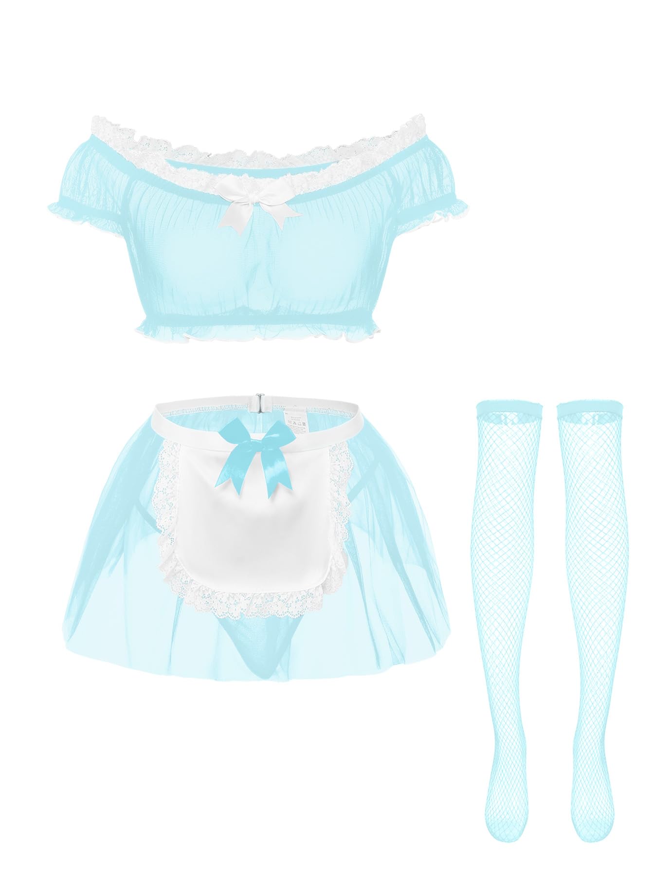 Sexy Stockings Mini Skirt Mesh Sheer Lace Costume Outfit Lingerie with Thong Set 4 Piece