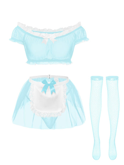 Sexy Stockings Mini Skirt Mesh Sheer Lace Costume Outfit Lingerie with Thong Set 4 Piece