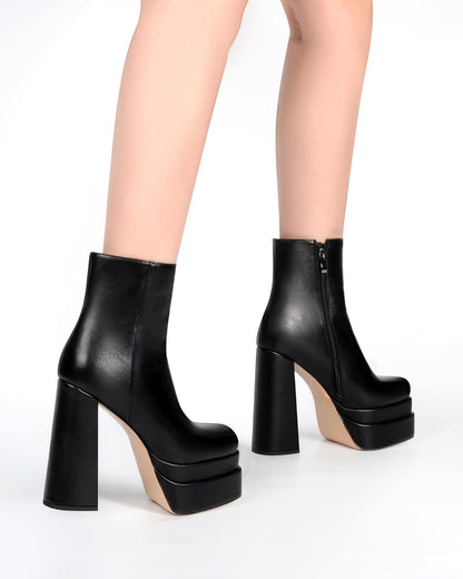 ANN CREEK Women's Double Platform Ankle Boots Chunky Heel Booties Side Zipper Square Toe High Heel Casual Boots