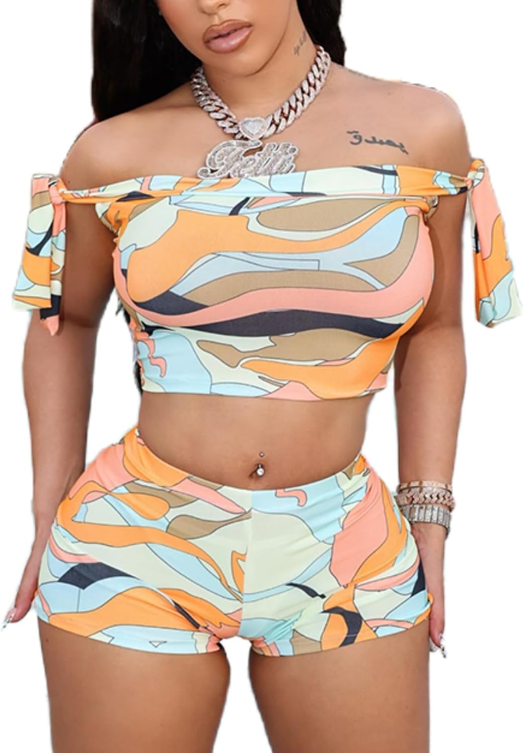 Mandonce Shorts Sets Women 2 Piece Outfits Off The Shoulder Strappy Tie Sleeveless Crop Top and Bodycon Shorts Clubwear Sexy