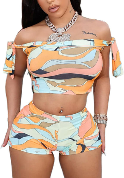 Mandonce Shorts Sets Women 2 Piece Outfits Off The Shoulder Strappy Tie Sleeveless Crop Top and Bodycon Shorts Clubwear Sexy
