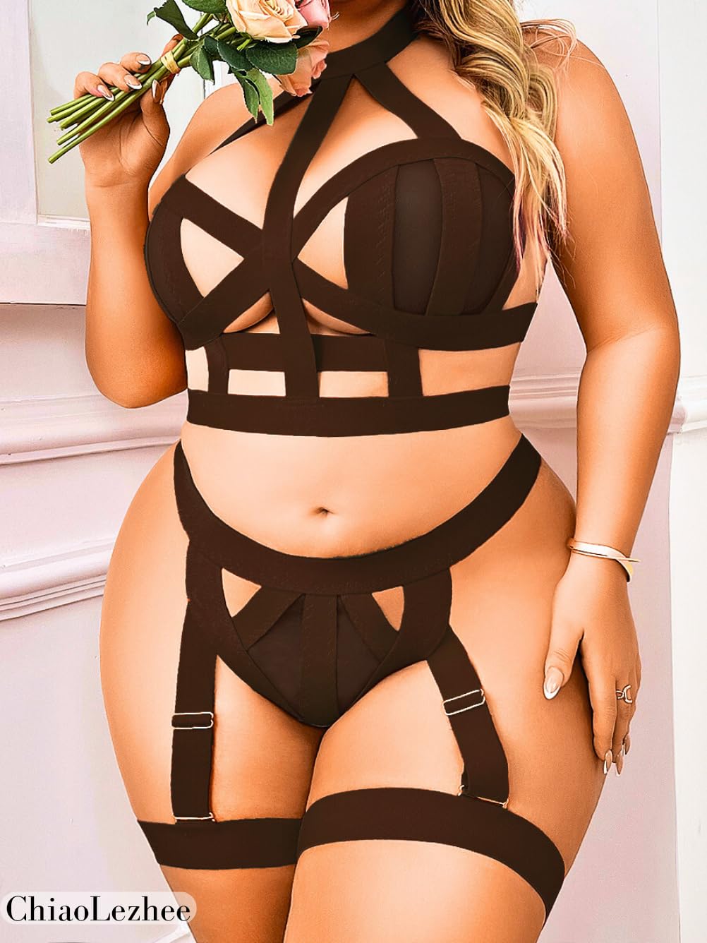 Curvy Lady's Strappy Lingerie For Women, Plus Size Exotic Garter Thong, BBW Halter Gifts For Him 3 Piece Set
