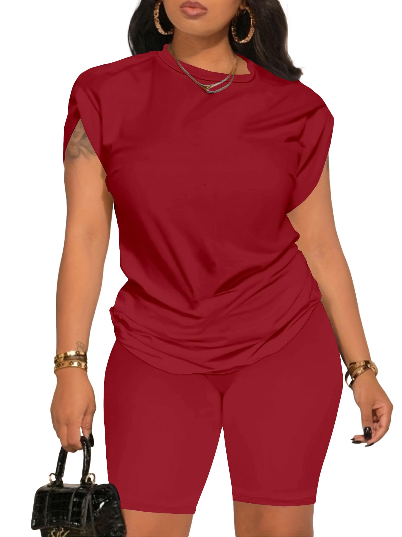 PINSV Women 2 Piece Outfits Summer Sweatsuits Biker Short Workout Jogger Sets