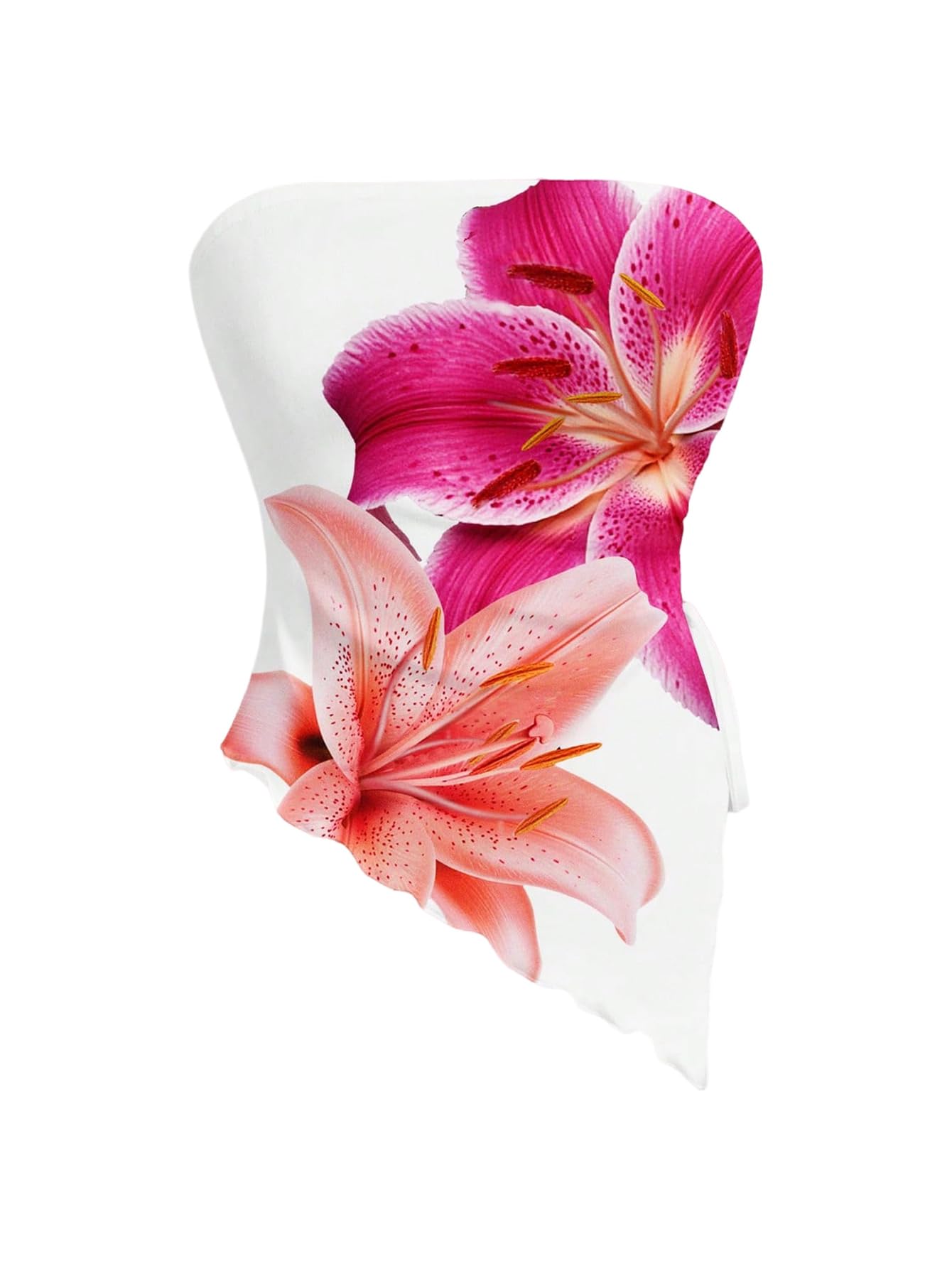 WDIRARA Women's Floral Mesh Strapless Side Ruched Tube Top Asymmetrical Hem Bandeau Crop Tops