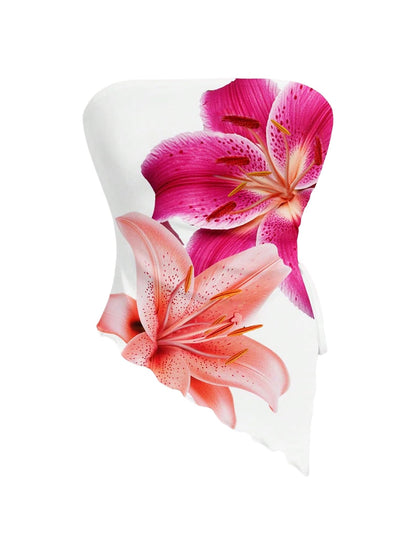 WDIRARA Women's Floral Mesh Strapless Side Ruched Tube Top Asymmetrical Hem Bandeau Crop Tops