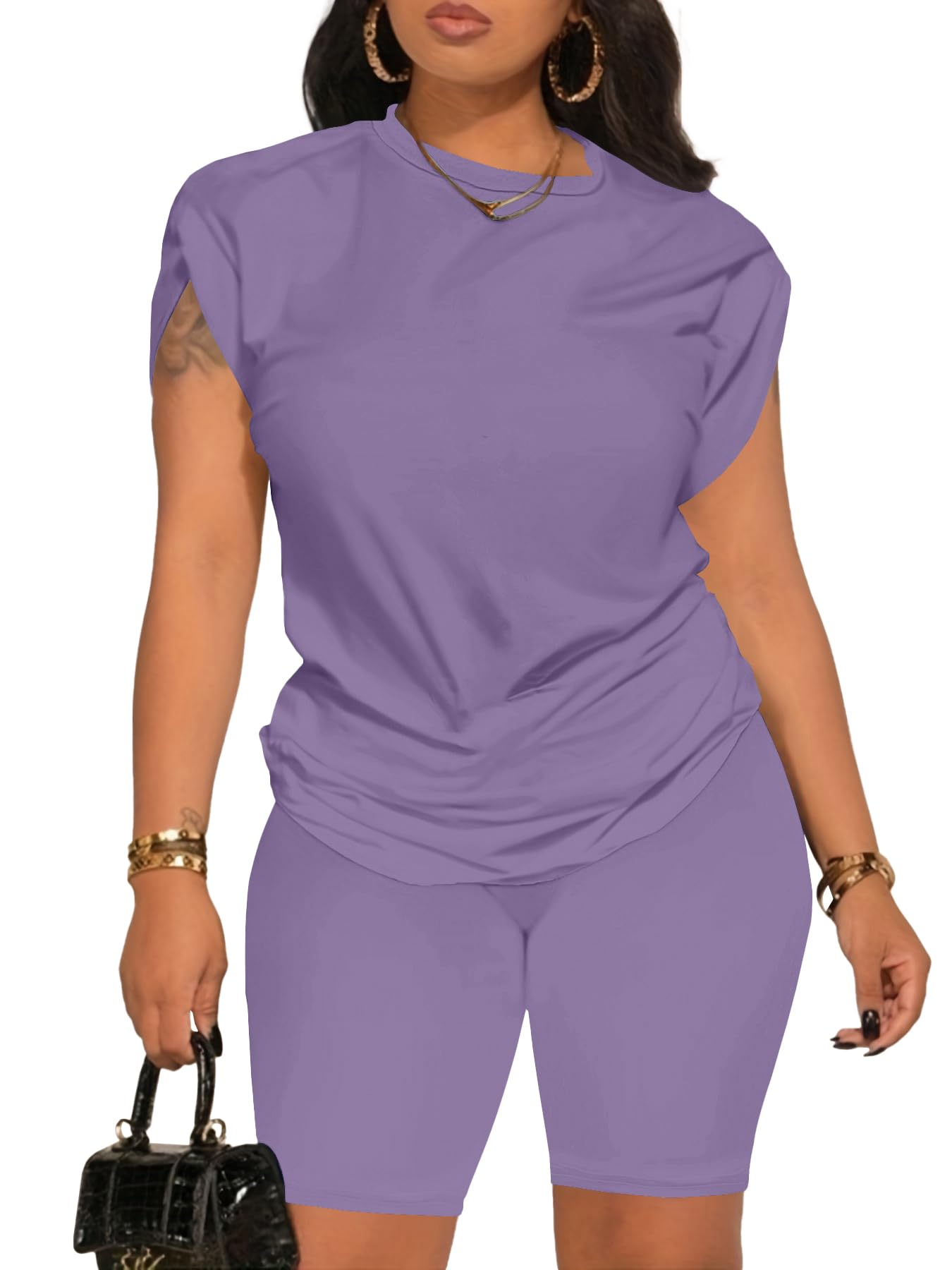 PINSV Women 2 Piece Outfits Summer Sweatsuits Biker Short Workout Jogger Sets