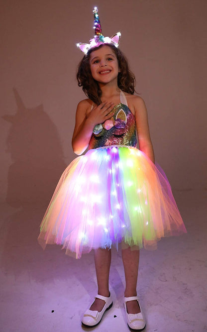 Soyoekbt Girls Unicorn Costume LED Light Up Unicorn Dress Birthday Party Princess Dress for Halloween Party