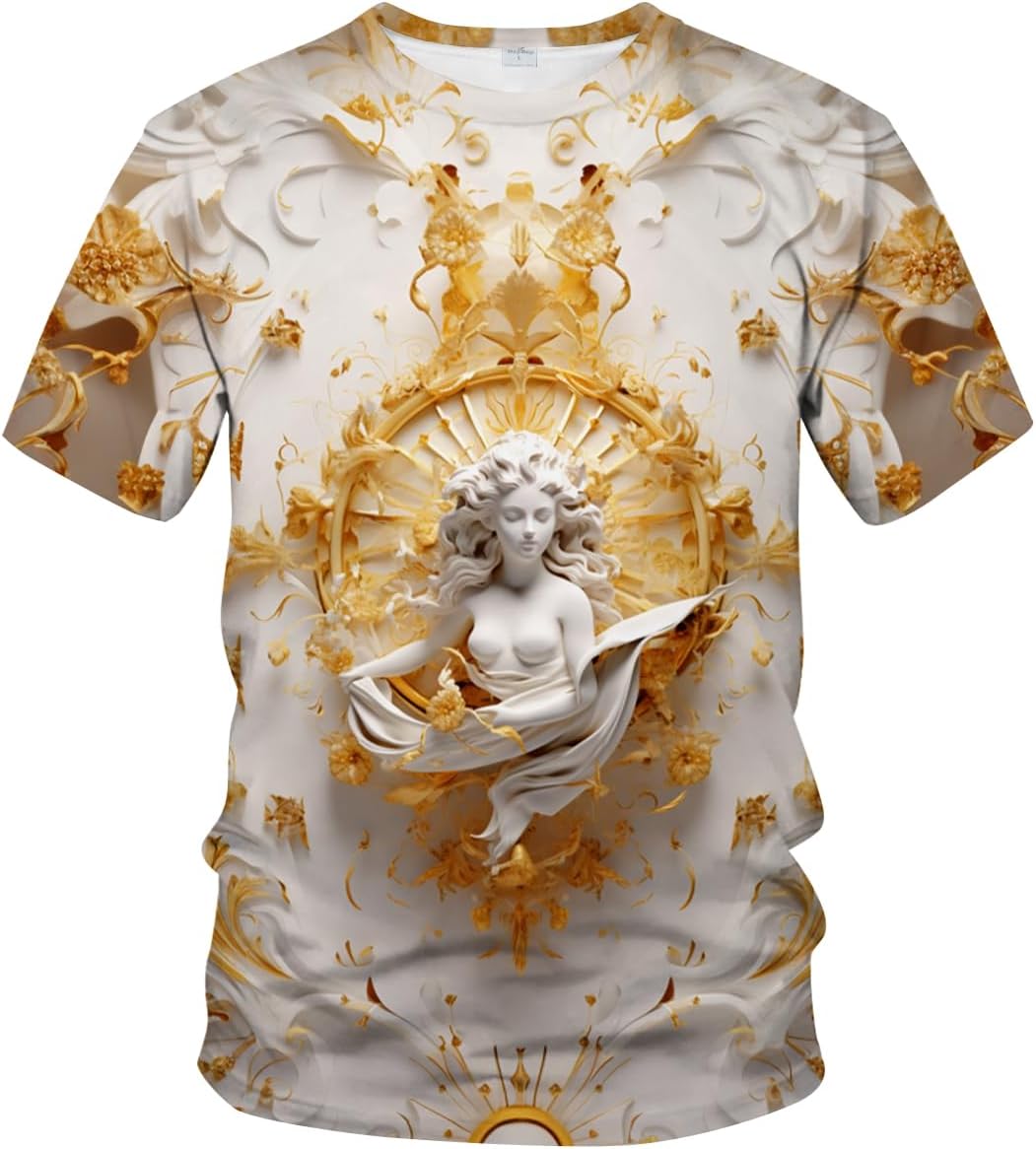 LAOLIUSN Men's Gold Shiny Printed T-Shirt - Golden Ornate Theme, Floral Graphic Tee Shirt
