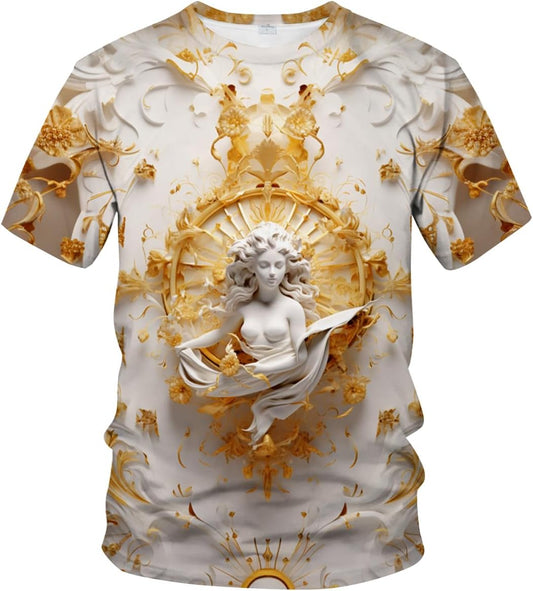 LAOLIUSN Men's Gold Shiny Printed T-Shirt - Golden Ornate Theme, Floral Graphic Tee Shirt