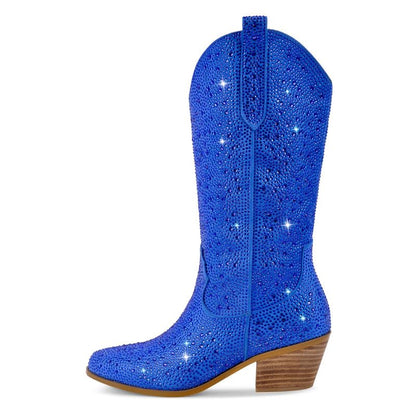 Richealnana Sparkly Rhinestones Cowboy Cowgirl Style Boots Calf High Boots for Women 2INCH Heeled Shining Pull On Tabs
