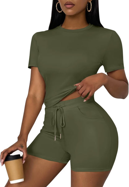 LovelyWholesale Women's Summer 2 Piece Outfits Skinny Shorts Tracksuit Sets