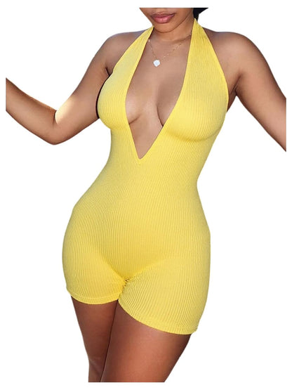 WDIRARA Women's V Neck Backless Sleeveless Skinny Knit Sexy Night Rompers