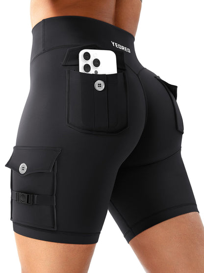 YEOREO CoreFlex Women Workout Biker Shorts with Cargo Pockets Hidden Scrunch High Waisted 8" Inseam Gym Shorts