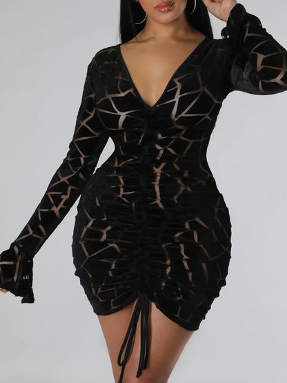 Uni Clau Women Sexy Sheer Mesh Boydcon Midi Dress See Through Printed Long Sleeve Midi Skinny Clubwear Party Dress