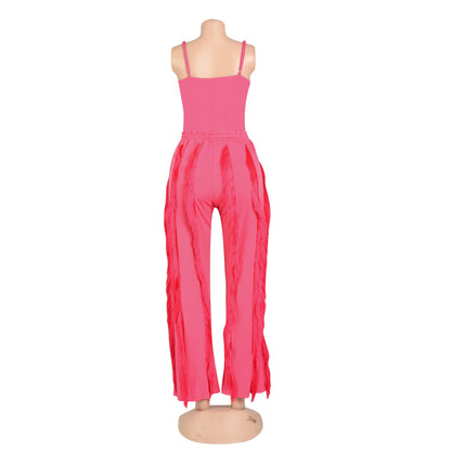 PRIVIMIX Women 2 Piece Outfits Fringe Tassel Long Pants Set Adjustable Suspenders Bodysuit Spaghetti Strap Clubwear Jumpsuits